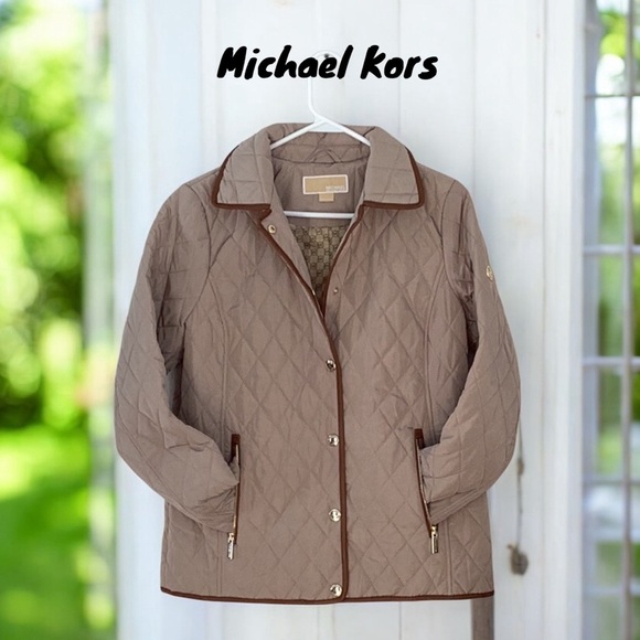 Michael Kors NWT Women’s Diamond  Quilted Taupe Jacket with Brown Trim Medium - Picture 4 of 11